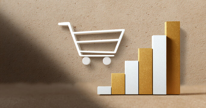 3D illustration of a white shopping cart icon with ascending gold and white bar graph on textured beige background symbolizing e-commerce growth