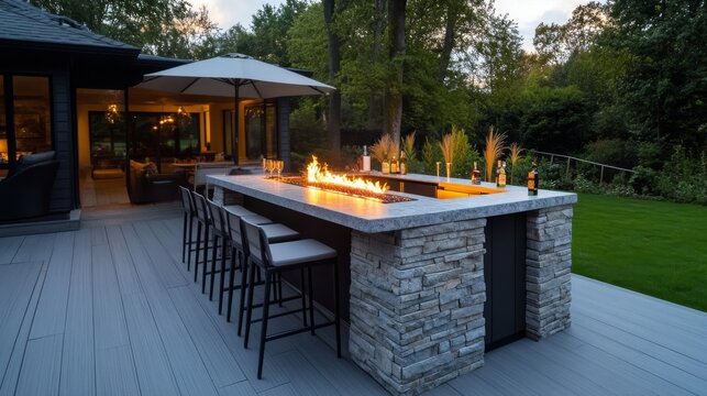 Outdoor Stone Bar with Fire Pit and Seating, entertaining , backyard