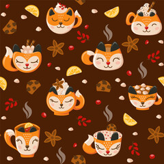 Cozy pattern with foxy mugs of coffee and tea with cookies, lemon, berries, cinnamon and marshmellows. Vector illustration.