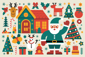 A festive collection of Christmas icons including Santa Claus, snowmen, and decorated trees.