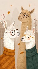 Obraz premium Charming digital artwork of stylish alpacas wearing fall sweaters and glasses, warm beige backdrop with soft natural light and earthy hues, evoking rustic comfort and friendly autumn vibes