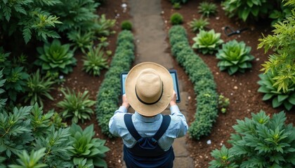 Gardener in straw hat uses tablet computer for garden design amidst lush plants and manicured bushes. Person plans horticulture layout, works outdoors, studies vegetation. Nature, greenery.