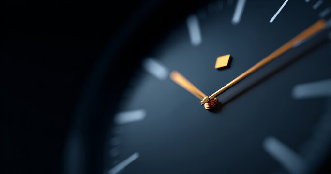 Close-up of a modern analog clock face with golden hands and minimalistic hour markers in soft focus