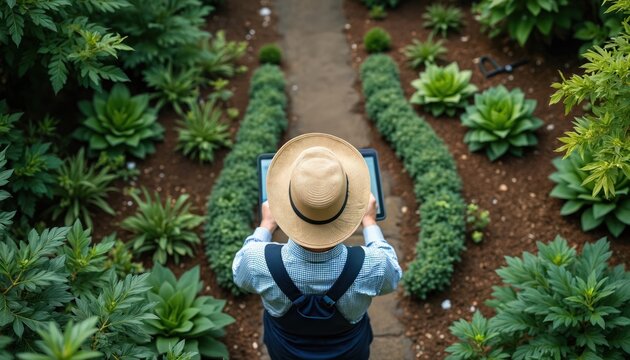 Gardener in straw hat uses tablet computer for garden design amidst lush plants and manicured bushes. Person plans horticulture layout, works outdoors, studies vegetation. Nature, greenery.