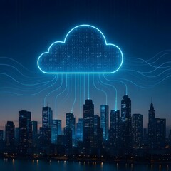 Futuristic city skyline with digital cloud overlay and data flow lines