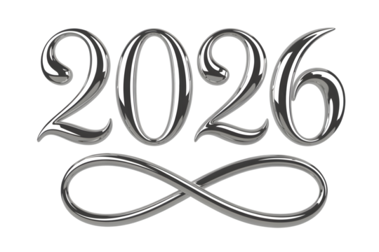 The year 2026 represented in a stylized, metallic font, with an infinity symbol below it, isolated on transparent background