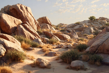 Rocky desert landscape at sunset with scattered vegetation and distant mountains