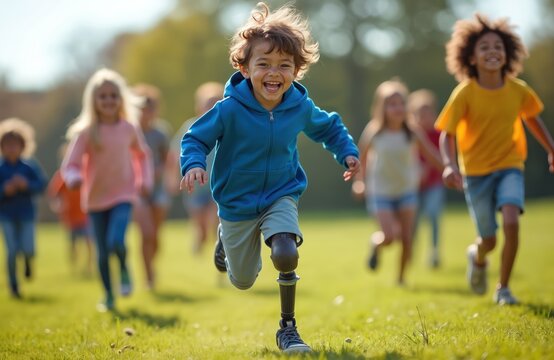 Boy with prosthetic leg runs with friends on green grass. Children play, have fun in summer park. Little child laughs, enjoy outdoors activity. Inclusive kid runs, smile happy on playground. - Powered by Adobe