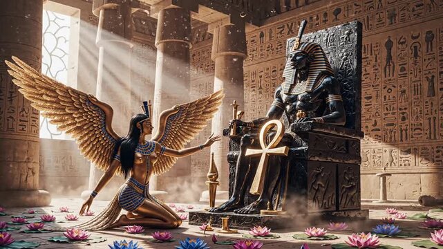Ancient Egyptian Goddess Isis Kneeling Before God Anubis In A Hieroglyph Lined Temple With Sunbeams