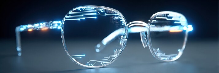 Innovative Glasses Featuring Glowing Circuits on the Lens Frame Showcasing Futuristic Design in a Modern Setting