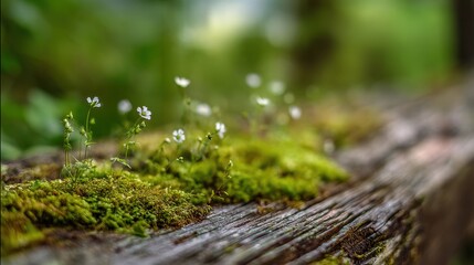 Delicate white flowers and vibrant green moss thrive on an old wooden plank, surrounded by a rich forest backdrop. Sunlight highlights this serene natural scene.