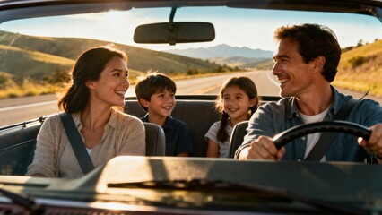 Laughter echoes through the car windows as a joyful family gazes at rolling landscapes during their epic road trip, capturing the essence of togetherness and boundless discovery on open highways