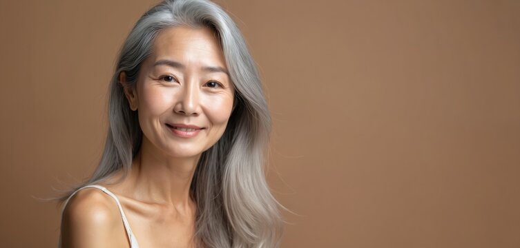 Smiling middle-aged Asian woman with beautiful long grey hair. Looks happy, radiates natural beauty. Lady shows clean, healthy skin, proudly embracing graceful aging process. Natural glow inspiring.