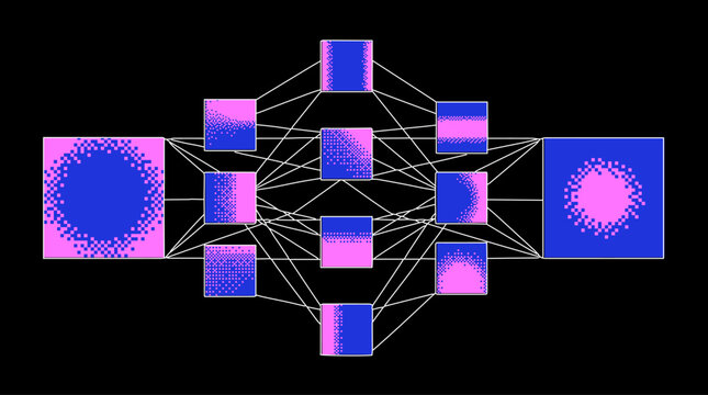 Vector illustration visualizes a neural network or digital data flow. Pixel art blue and pink gradient squares connected by white lines on a black background.