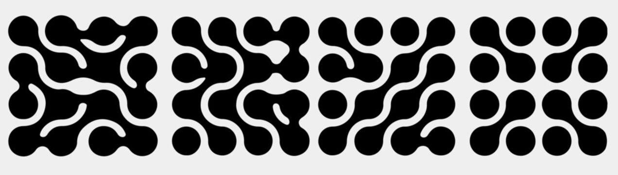 vector illustration shows a modern, abstract pattern in a bold black and white palette. The design features interconnected metaball shapes and circles, creating a dynamic and organic visual effect.