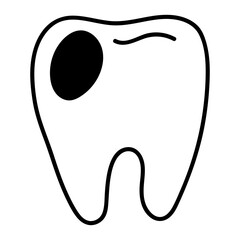 Black line doodle illustration of a tooth with a large cavity. Ideal for use in dental clinic branding, oral health infographics, educational posters, hygiene awareness campaigns and dental care