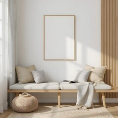 cozy reading corner with geometric frame mockup, soft cushions, natural wood decor, warm neutral tones, minimalist style, peaceful daylight interior scene