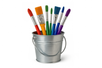 Colorful painting brushes in a metal bucket, representing art, creativity, education, and childhood activities. Transparent background