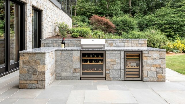 Stone Outdoor Kitchen with Grill and Wine Fridges, Landscape, BackyardDesign