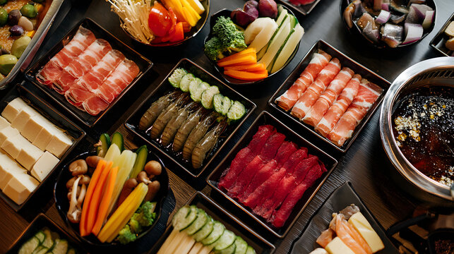 Assorted fresh ingredients for Asian hot pot and sushi dishes arranged in black trays on dark table