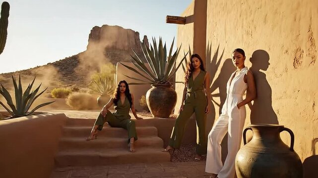 Three Women in Stylish Jumpsuits Posing in a Desert Oasis Architectural Setting During Golden Hour