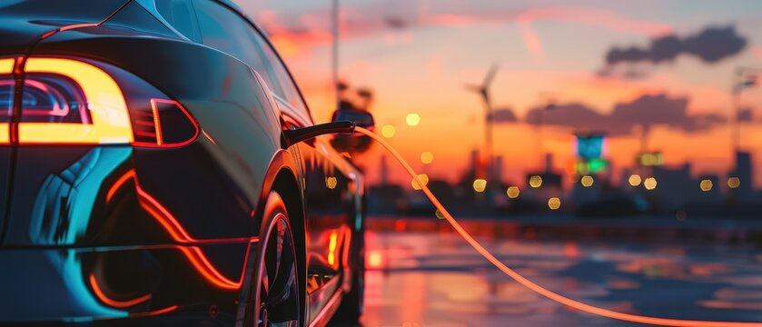 Electric car charging at station in futuristic city at sunset. Concept of innovation, clean energy, technology, sustainability, and urban mobility.