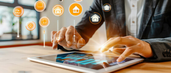 Person interacting with holographic smart home icons on tablet. Concept of real estate, housing, digital property, and technology innovation.