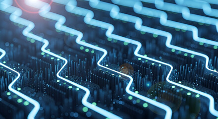 Serpentine luminous paths traversing a futuristic computing matrix