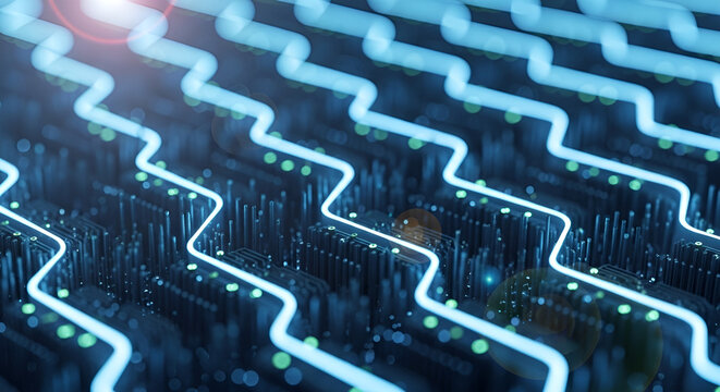 Serpentine luminous paths traversing a futuristic computing matrix