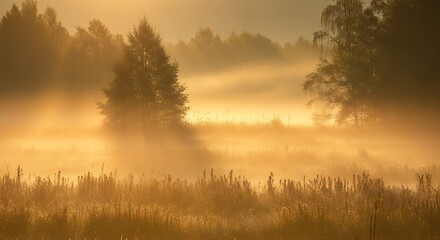 Obraz premium morning fog landscape golden sun background 
