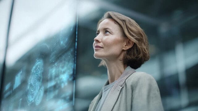 Visionary Contemplation: A woman gazes upwards with a contemplative expression, her eyes reflecting the potential future as she is standing near a modern glass structure.