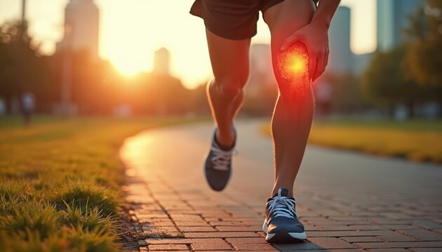 Runner feels sharp knee pain during morning jog in park. Athlete holds sore leg experiencing discomfort on path with city buildings background and warm sun. - Powered by Adobe