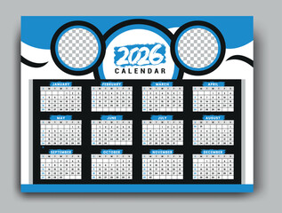 Modern 2026 calendar design with blue accents and placeholders