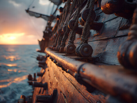Close-up of wooden sailing ship hull with ropes and pulleys at sea during sunset