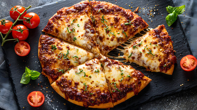 Hot cheesy pizza with herbs on slate plate surrounded by fresh cherry tomatoes and basil leaves