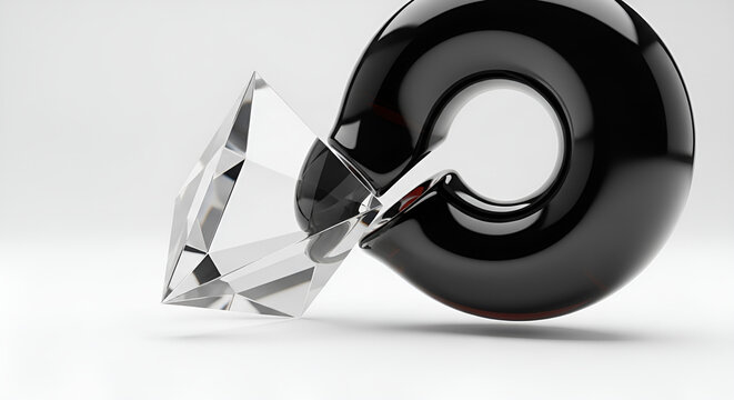 Clear crystal geometric structure meeting a dark, glossy, curved abstract object.