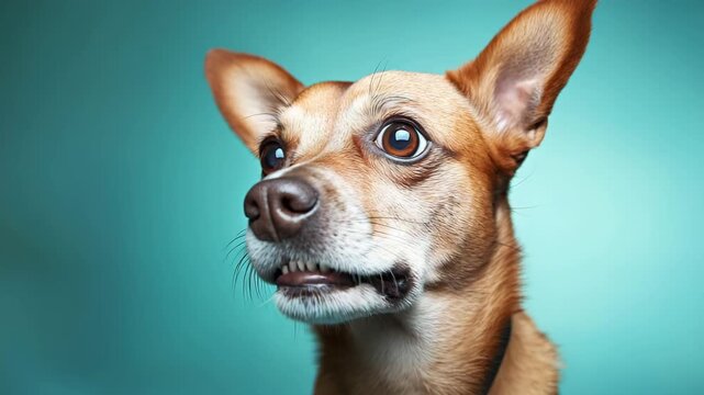 Joyful dog with wide smile against vivid blue background in a fun indoor setting