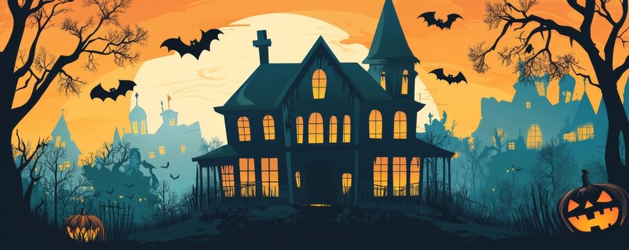 Spooky Haunted House with Bats and Pumpkins on Halloween Night ,Halloween ,Scary