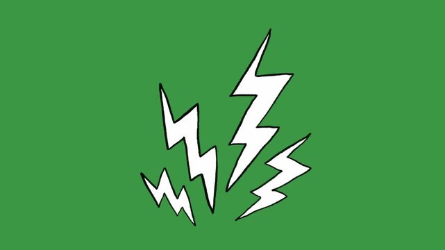 Hand-Drawn Multiple Lightning Strikes Green Screen. Animated Black Zigzag Bolt Element for Energy and Action.