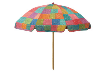 Obraz premium Colorful patchwork beach umbrella providing shade for summer vacation on holiday, isolated on transparent background