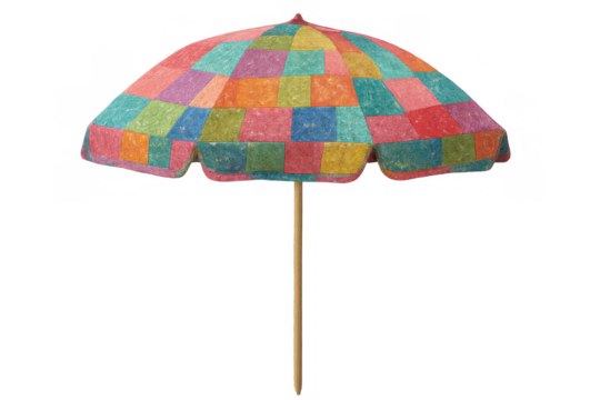 Colorful patchwork beach umbrella providing shade for summer vacation on holiday, isolated on transparent background