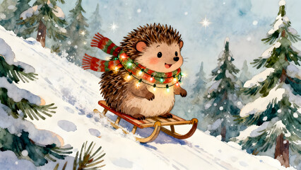 Sledgehog – Joyful Watercolor Hedgehog Sledding with Xmas Scarf and Lights