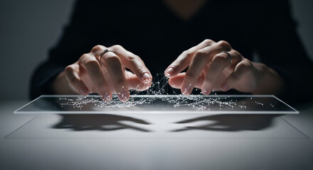 Hands touching a futuristic screen displaying abstract global data network.