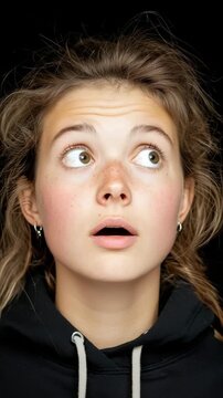 Young girl shows surprise with wide eyes and open mouth in a dark background during a candid moment of expression