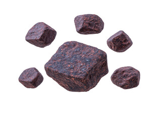 Fototapeta premium Dark brown chocolate chunks isolated on transparency background, showing rough texture and irregular shapes, perfect for baking, dessert decoration, or snack, evoking rich and indulgent feeling