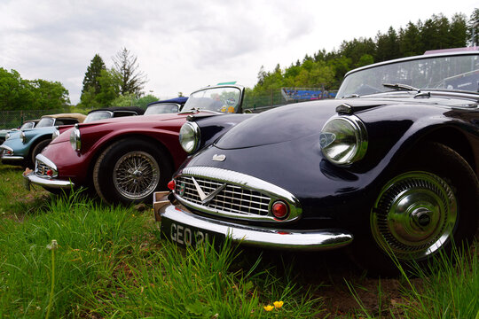 Daimler SP250 vintage veteran sports car by British manufacturer Daimler company on May 25, 2025 in Francorchamps, Belgium.