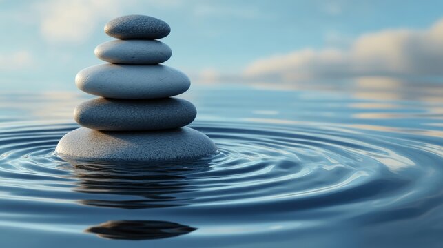 Zen Stones Stack on Water Surface, balance , meditation