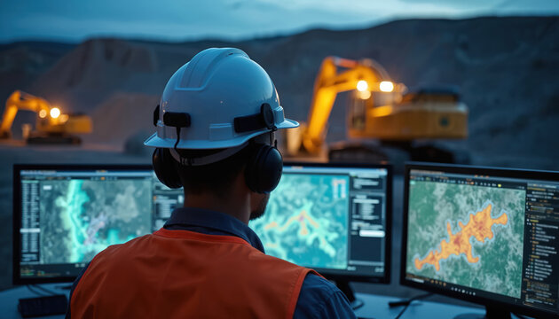 Mining operator monitors screens showing quarry data. Heavy machinery operates in background at dusk. Focus on tech and supervision in mining.