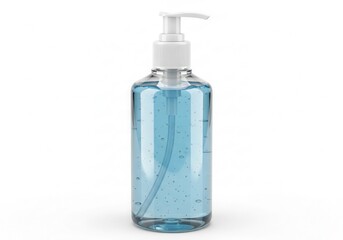 Clear plastic bottle of blue hand sanitizer with pump isolated on white background
