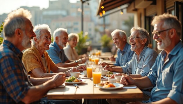 Elderly friends laugh enjoying breakfast and juice at an outdoor cafe terrace. Mature men and women share meal and conversation. People bond and have fun together at city restaurant.